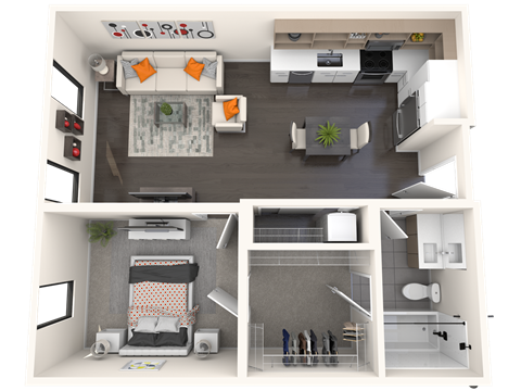 Floor plan for 1 bed, 1 bath, 713 sqft